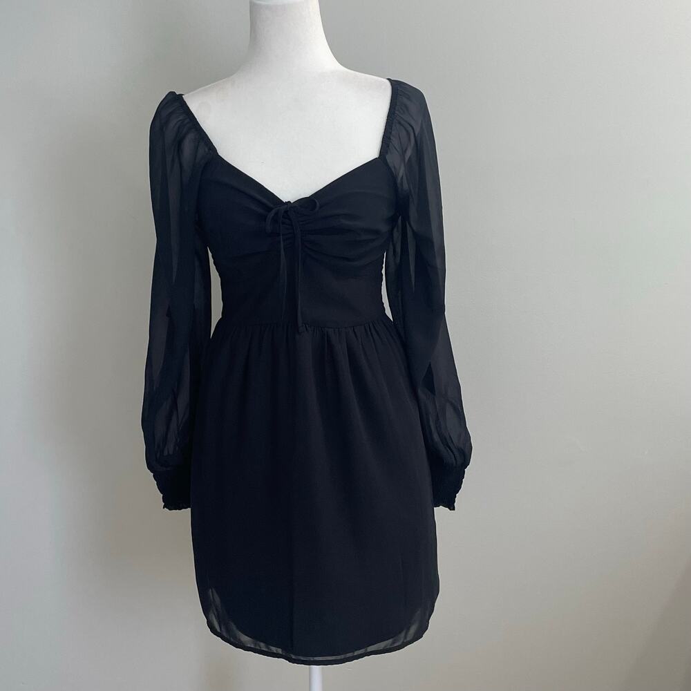 Hollister Black Milkmaid Smocked Mini Dress Size Medium Sheer Sleeves